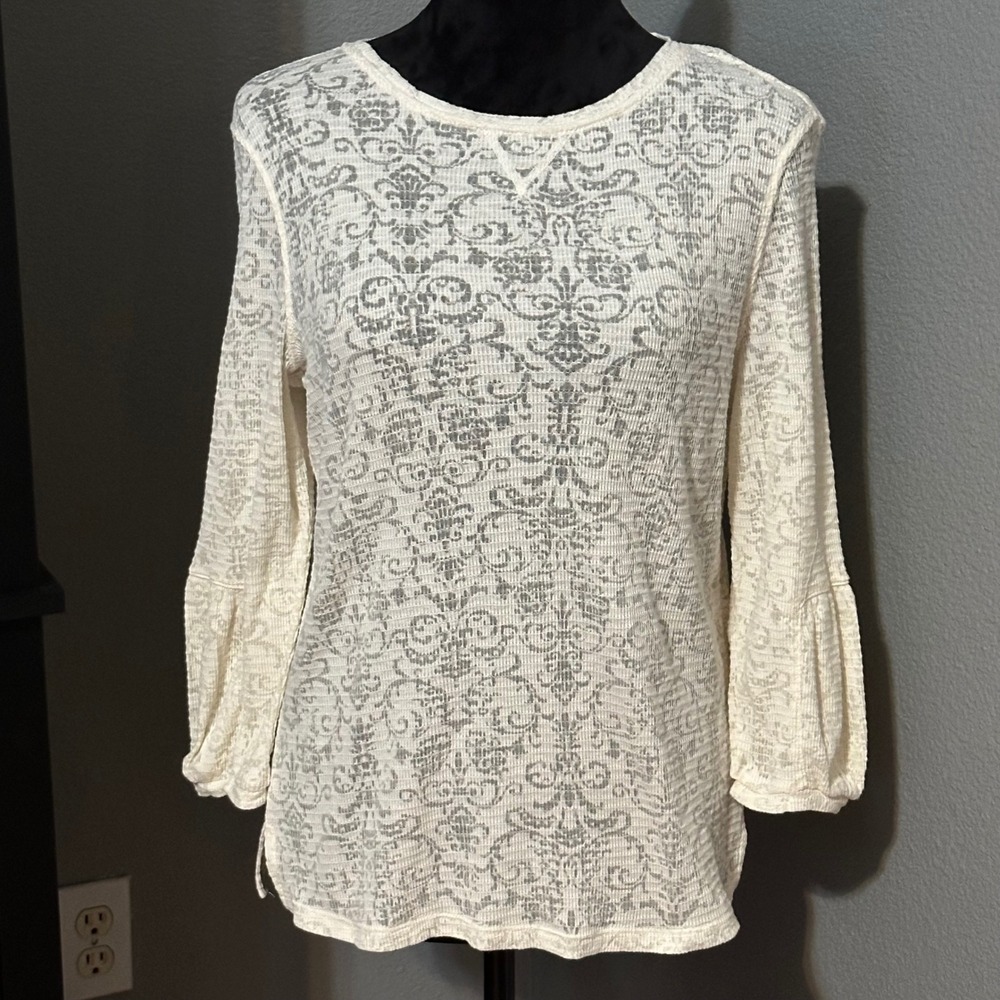 Caribbean Joe Top PL Cream Burnout Knit Petite Long Sleeve Boho Cottagecore